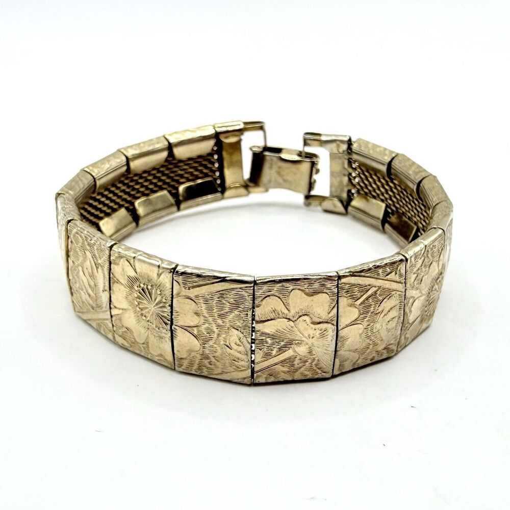Vtg Floral Engraved Panel Mesh Bracelet Gold Tone Mid Century 6.5 in Cottagecore